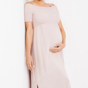 Off the shoulder smocked maternity maxi dress